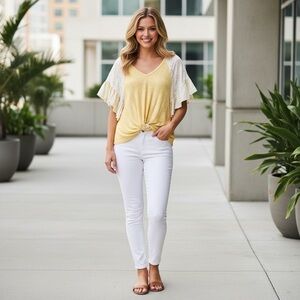 HUMMINGBIRD Eyelet Lace Ruffle Sleeve Yellow Knot Front Top Size M NEW